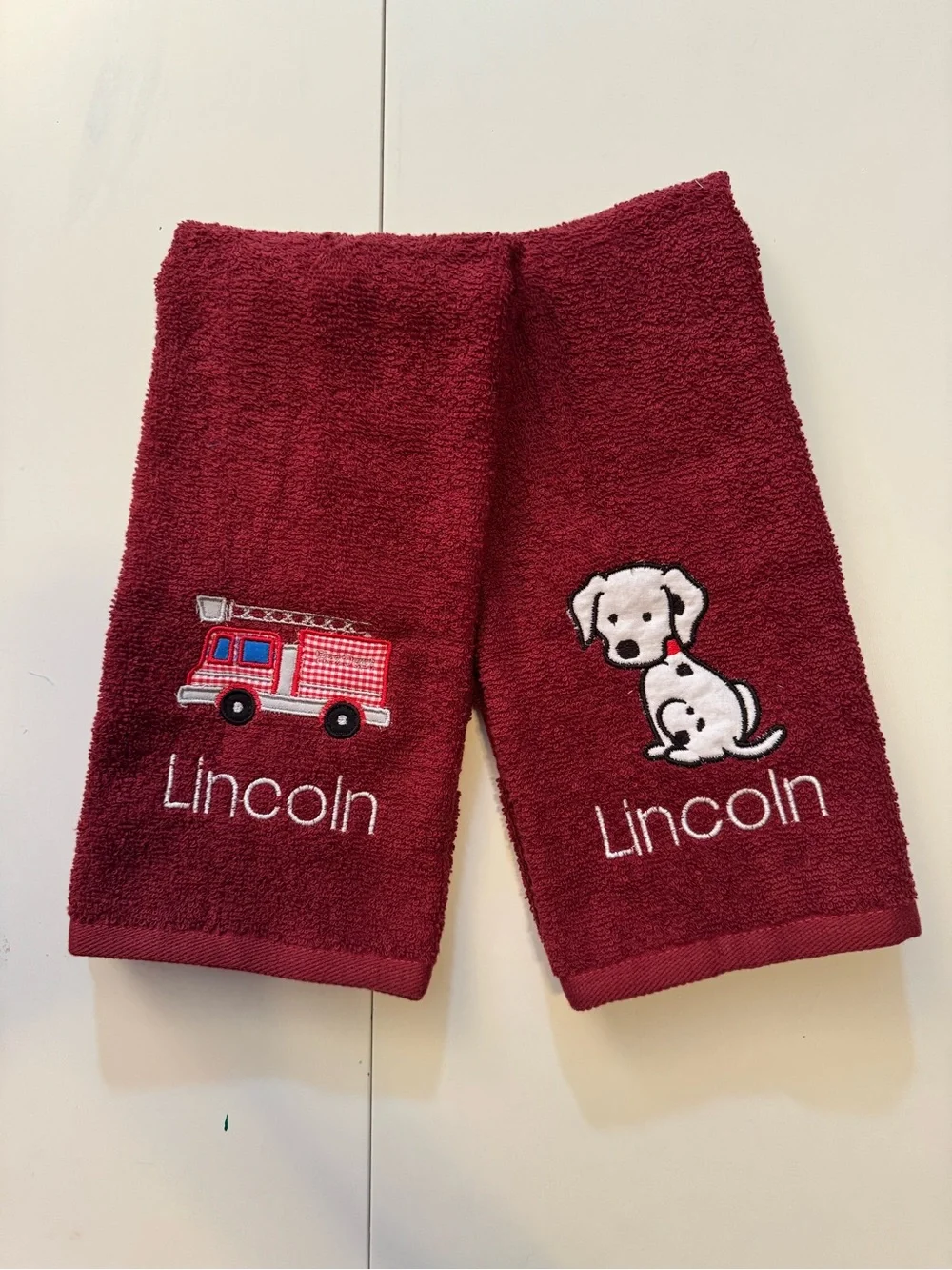 Personalized  Kids Hand Towels - Burgundy with Fire Truck & Dalmatian